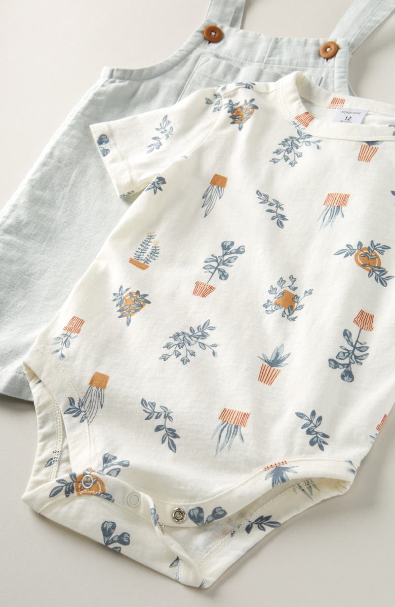 Nordstrom Cotton Bodysuit & Shortalls Set, Alternate, color, Ivory Egret Plants- Green