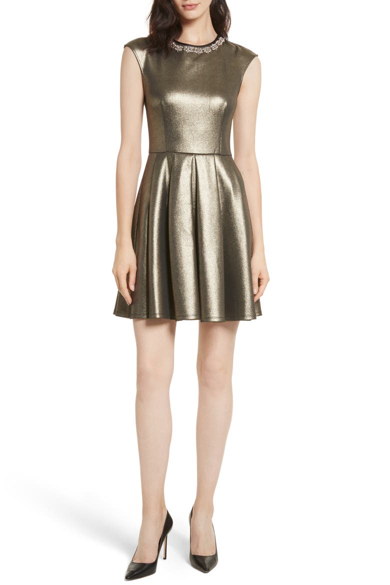 Ayma Embellished Metallic Fit & Flare Dress, Main, color, BRONZE