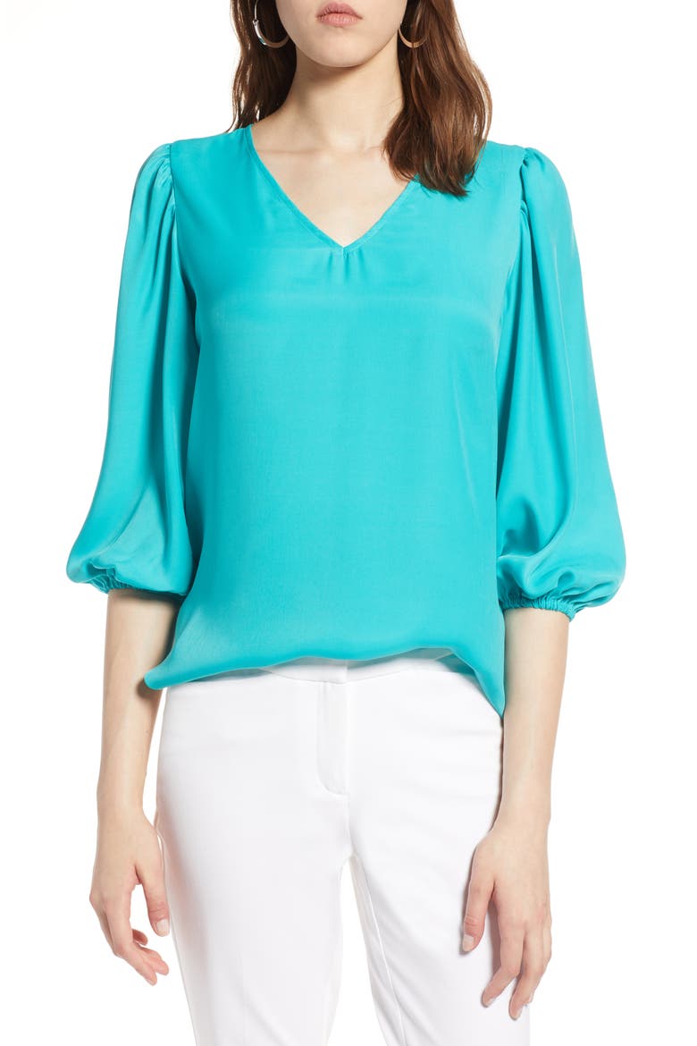 Blouson Sleeve Crepe Blouse, Main, color, TEAL VERIDIAN