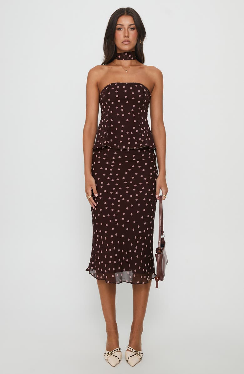 Princess Polly Sydni Dot Bias Cut Midi Skirt, Alternate, color, Chocolate/ Pink Polka