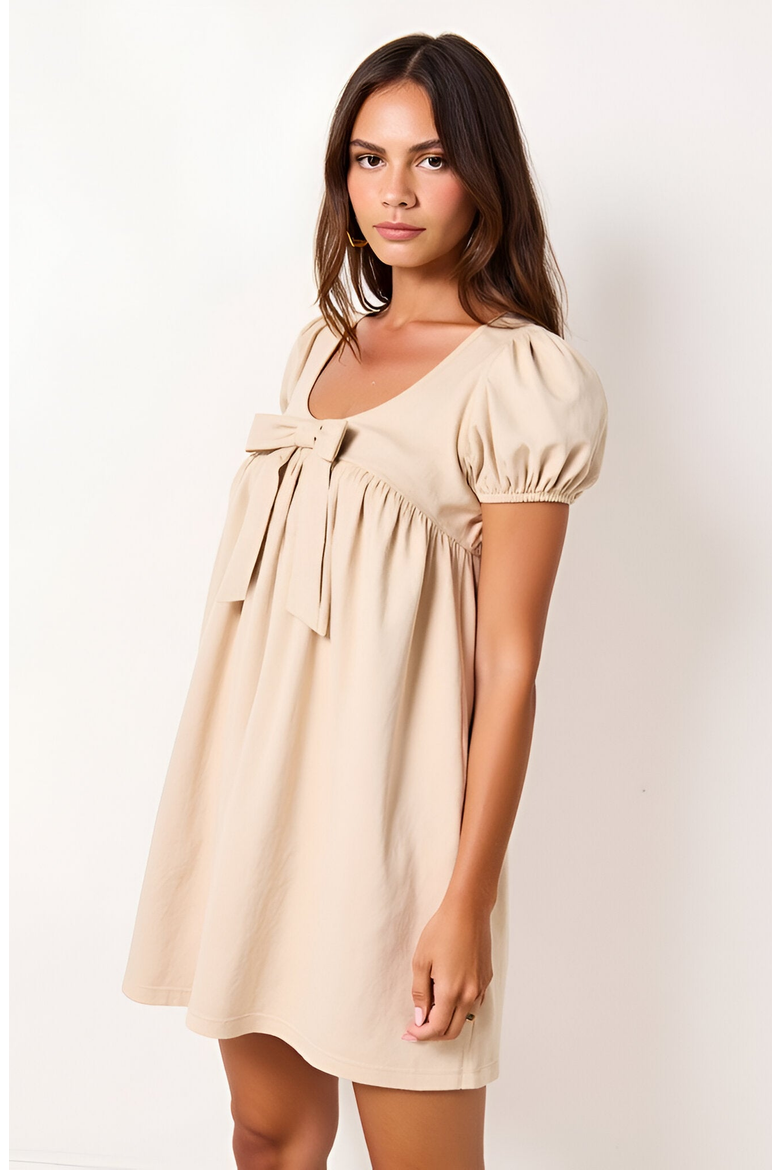 Puff Sleeve Mini Dress with Bow Detail, Alternate, color, Beige