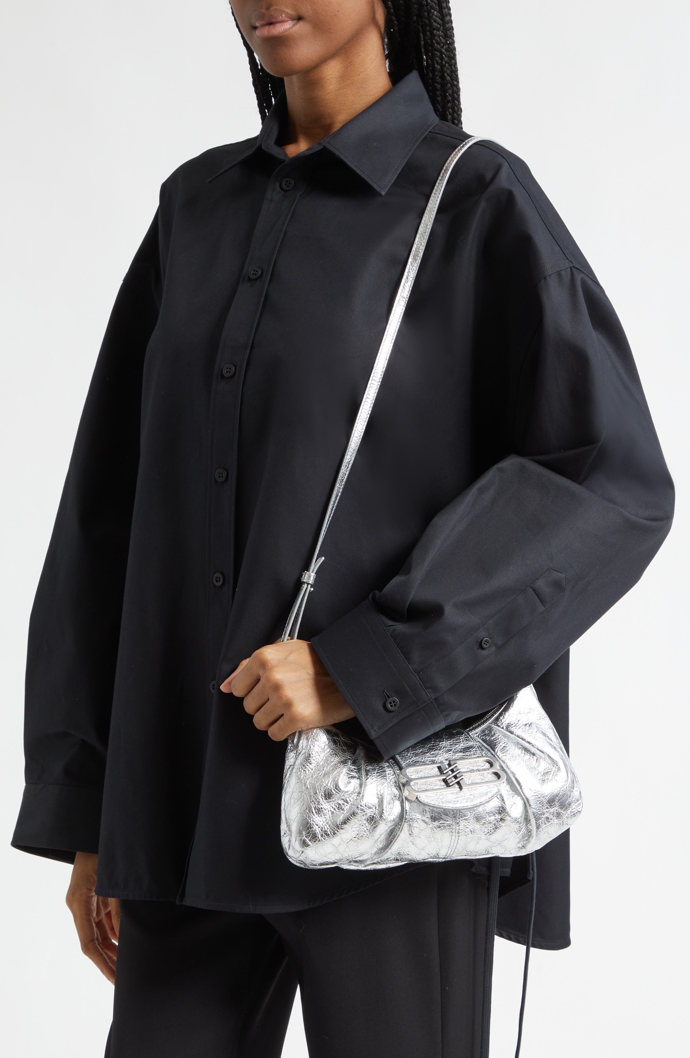 Balenciaga Small Pamela Crinkled Metallic Leather Shoulder Bag, Alternate, color, 8122 Silver