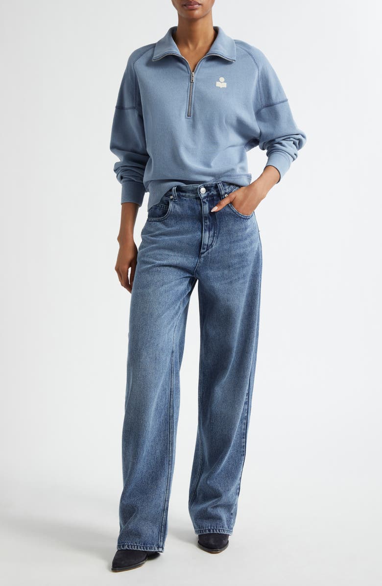 Isabel Marant Étoile Ross Half Zip Cotton Sweatshirt, Alternate, color, Slate Blue/ Ecru