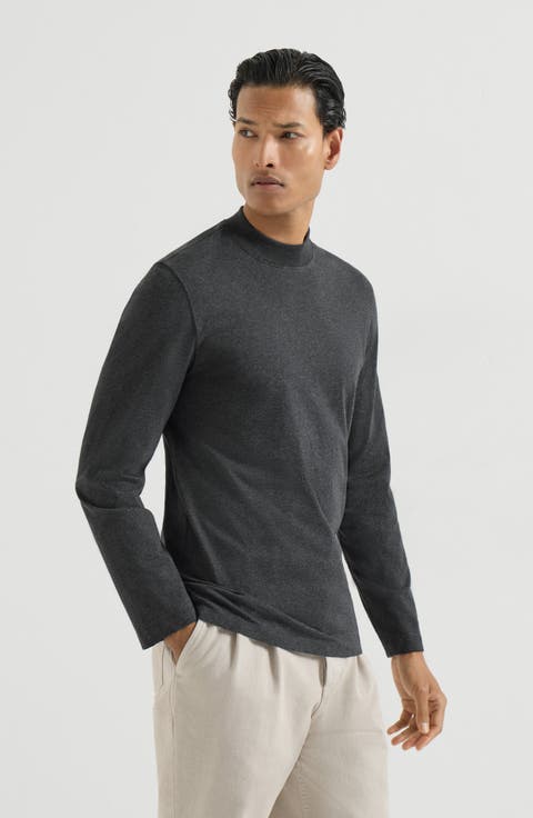 Cotton jersey long sleeve mock neck T-shirt