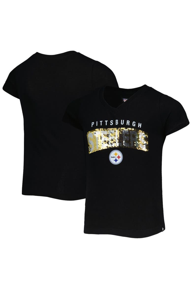 Girls Youth New Era Black Pittsburgh Steelers Reverse Sequin Wordmark V-Neck T-Shirt, Main, color, Black