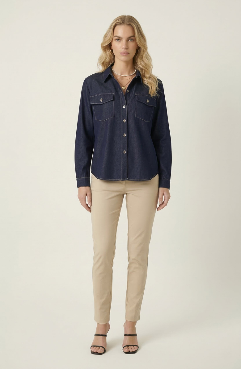 Modenaire Denim Button Up Shirt, Alternate, color, Dark Blue