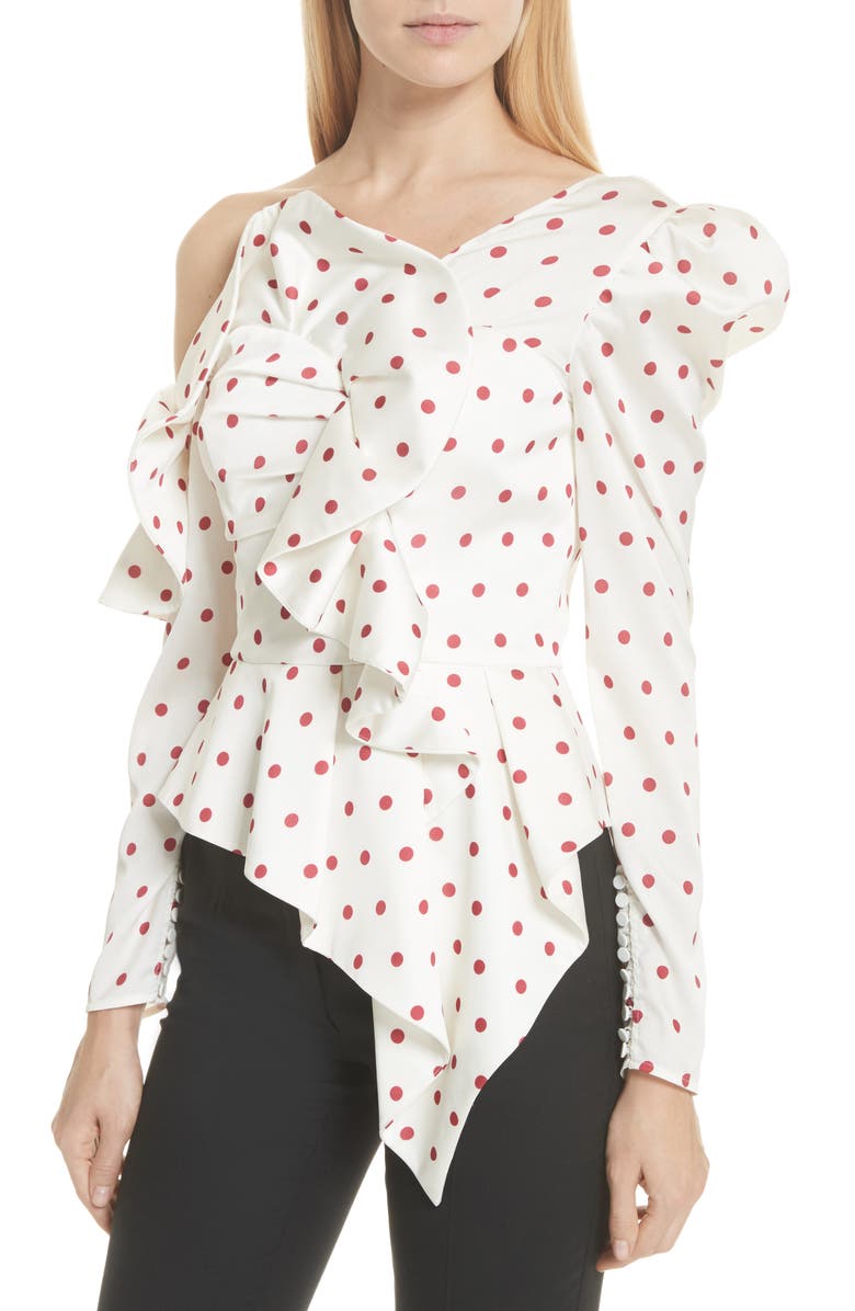 Self-Portrait Polka Dot Ruffle One-Shoulder Satin Top, Alternate, color,