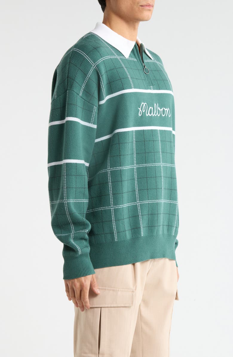 Malbon Golf Bennett Plaid Cotton Zip Polo Sweater, Alternate, color, Hunter Green