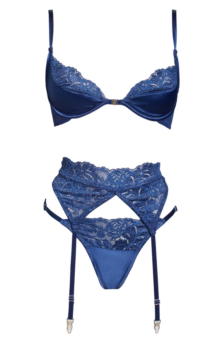 Coquette Underwire Bra, Garter Belt & Thong Set, Alternate, color, Navy