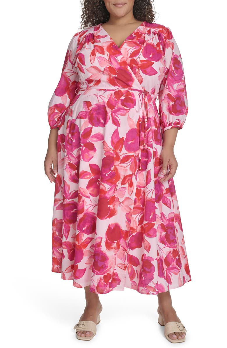 Calvin Klein Floral Balloon Sleeve Cotton Faux Wrap Dress, Main, color, Hibiscus Multi