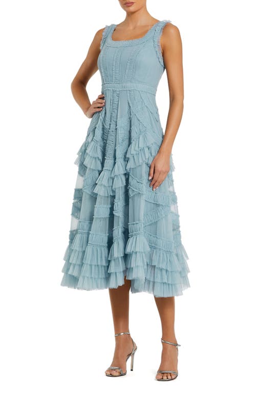 Mac Duggal Scoop Neck Sleeveless Mesh Micro Ruffle Midi Dress In French Blue