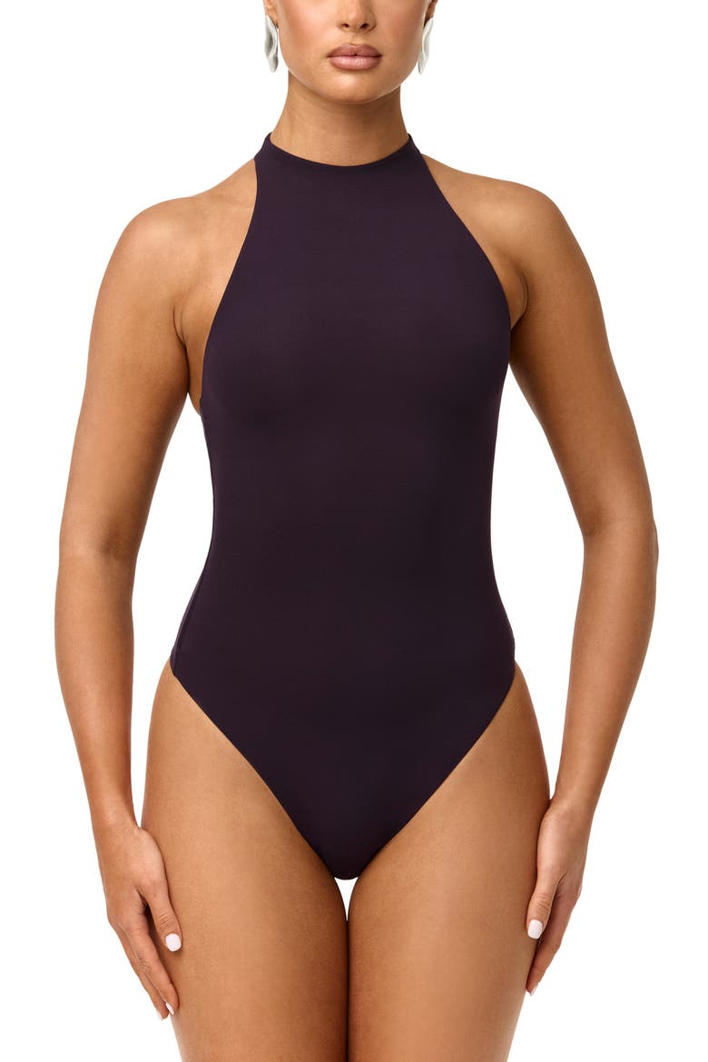 Funnel Neck Racerback Bodysuit, Alternate, color, BLACKBERRY