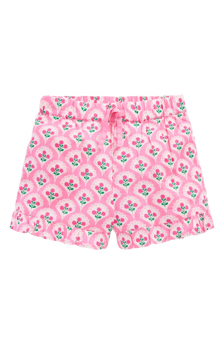 Mini Boden Kids' Juniper Frill Cotton Drawstring Shorts, Main, color, Pink Rose Woodblock Floral
