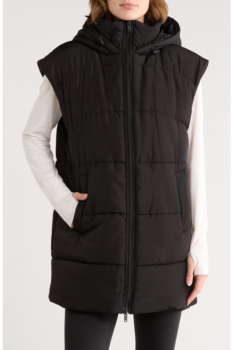 Hooded Long Quilted Vest, Main, color, BLACK