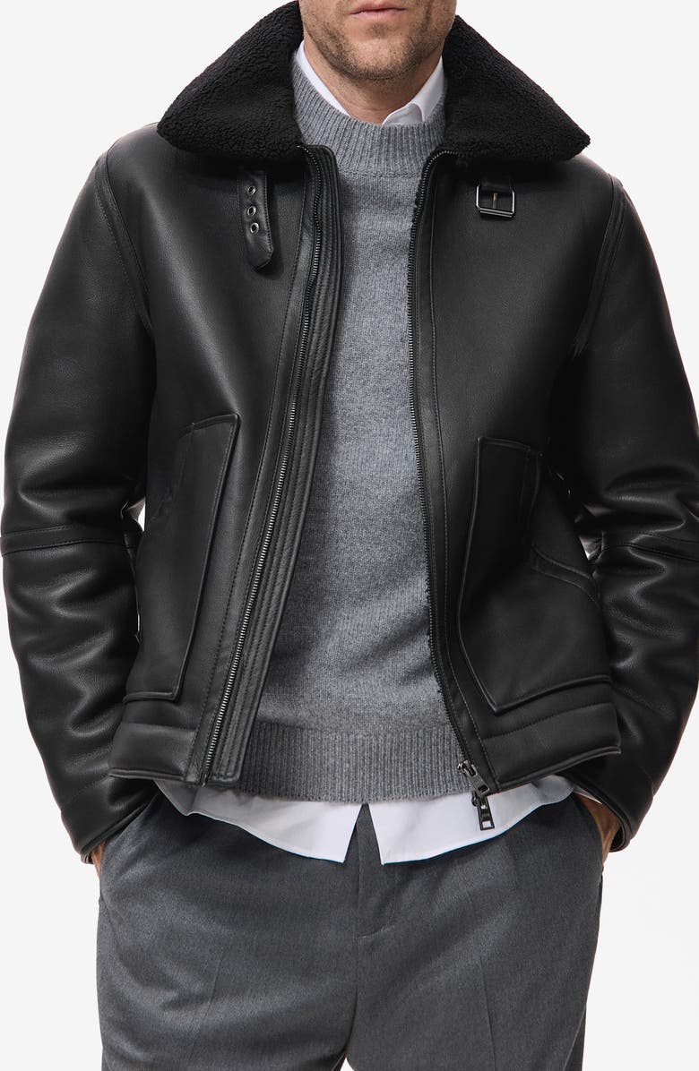 MANGO Fleece Lined Faux Leather Bomber Jacket, Main, color, Black