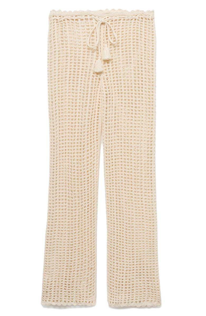 MANGO Openwork Tie Waist Pants, Alternate, color, Ecru