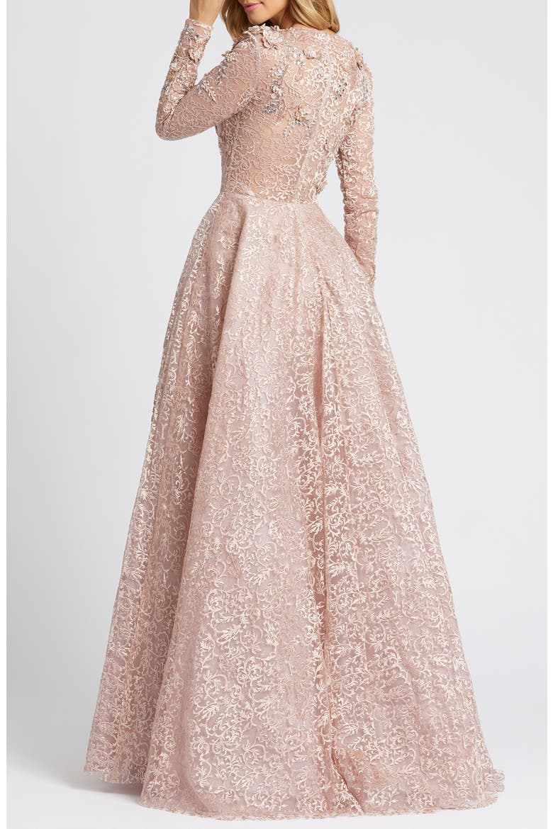 Embellished Illusion Long Sleeve A Line Gown, Alternate, color, MOCHA