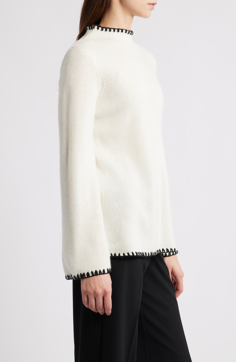 Elie Tahari The Loren Blanket Stitch Cashmere Funnel Neck Sweater, Alternate, color, Vanilla White/ Noir