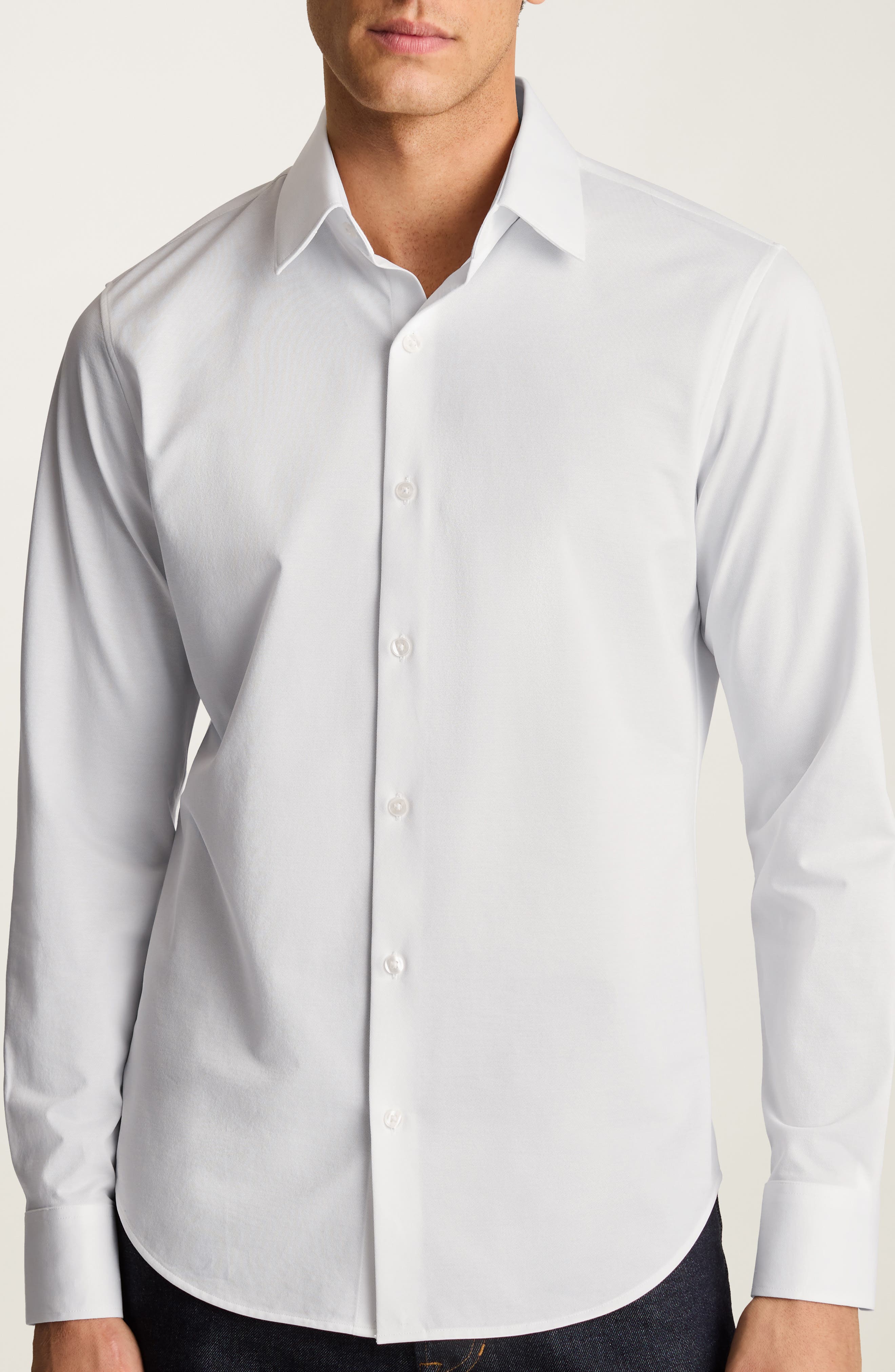 Tech Solid White Performance Cotton Blend Pique Button-Up Shirt