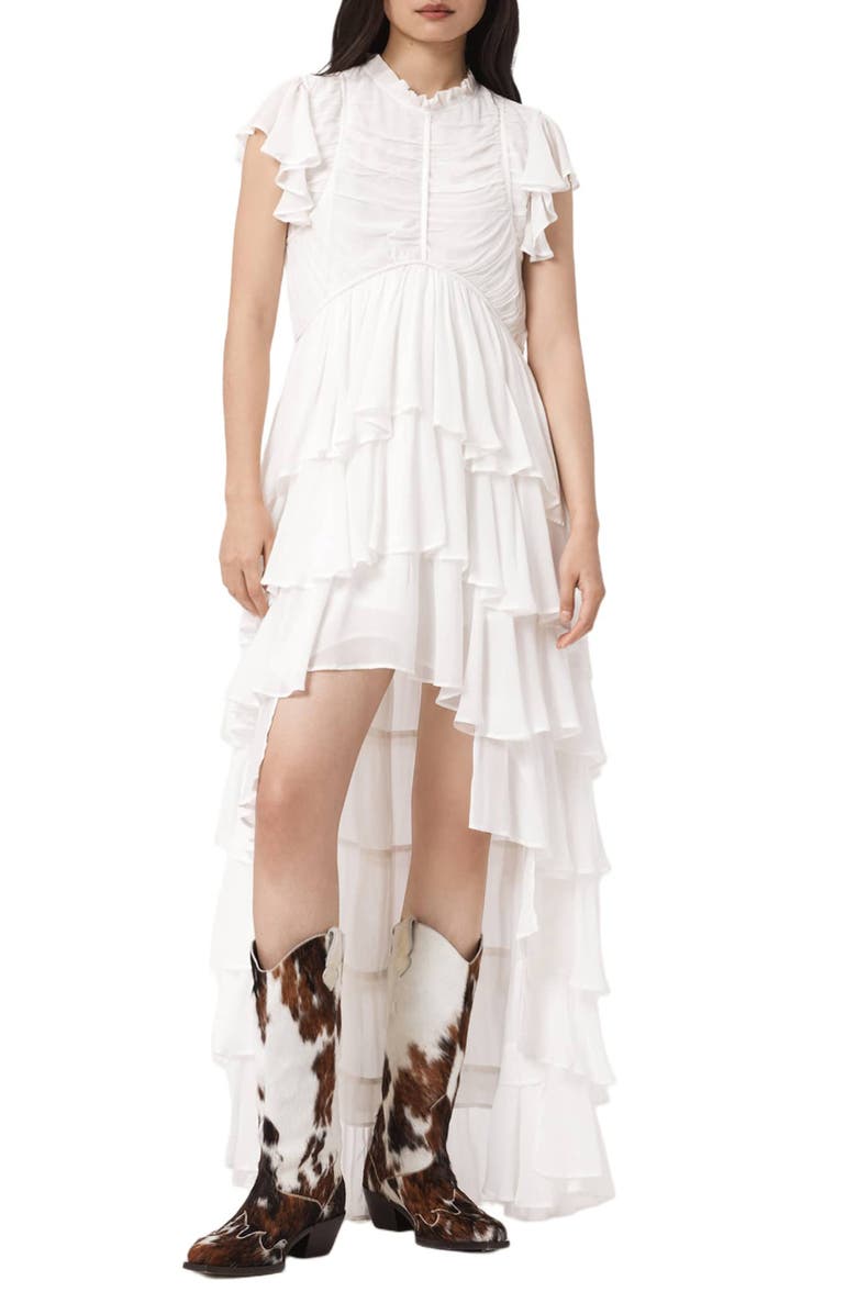 AllSaints Shaela Tiered Ruffle High-Low Dress, Main, color, Optic White