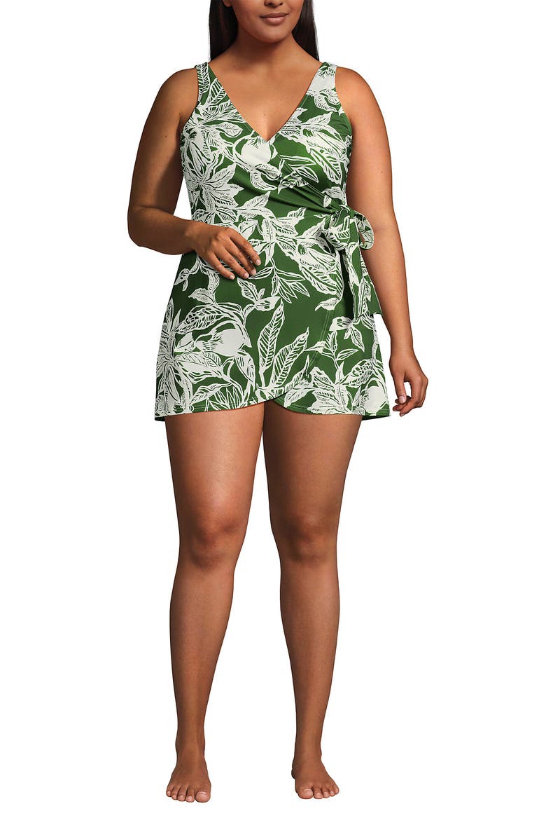 Side Tie Mini Swim Dress Swimsuit, Main, color, Fusion Green Etched Leaves
