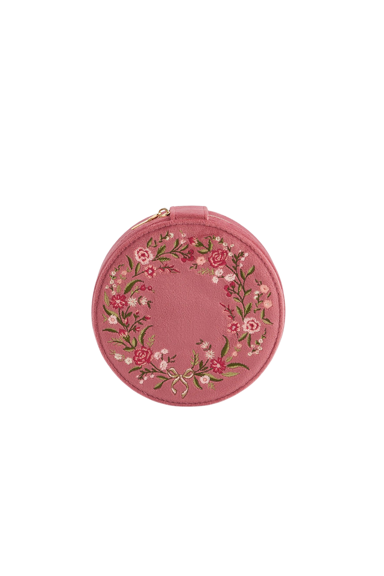 Floral Wreath Velvet Embroidered Round Jewelry Box, Main, color, Rose Pink