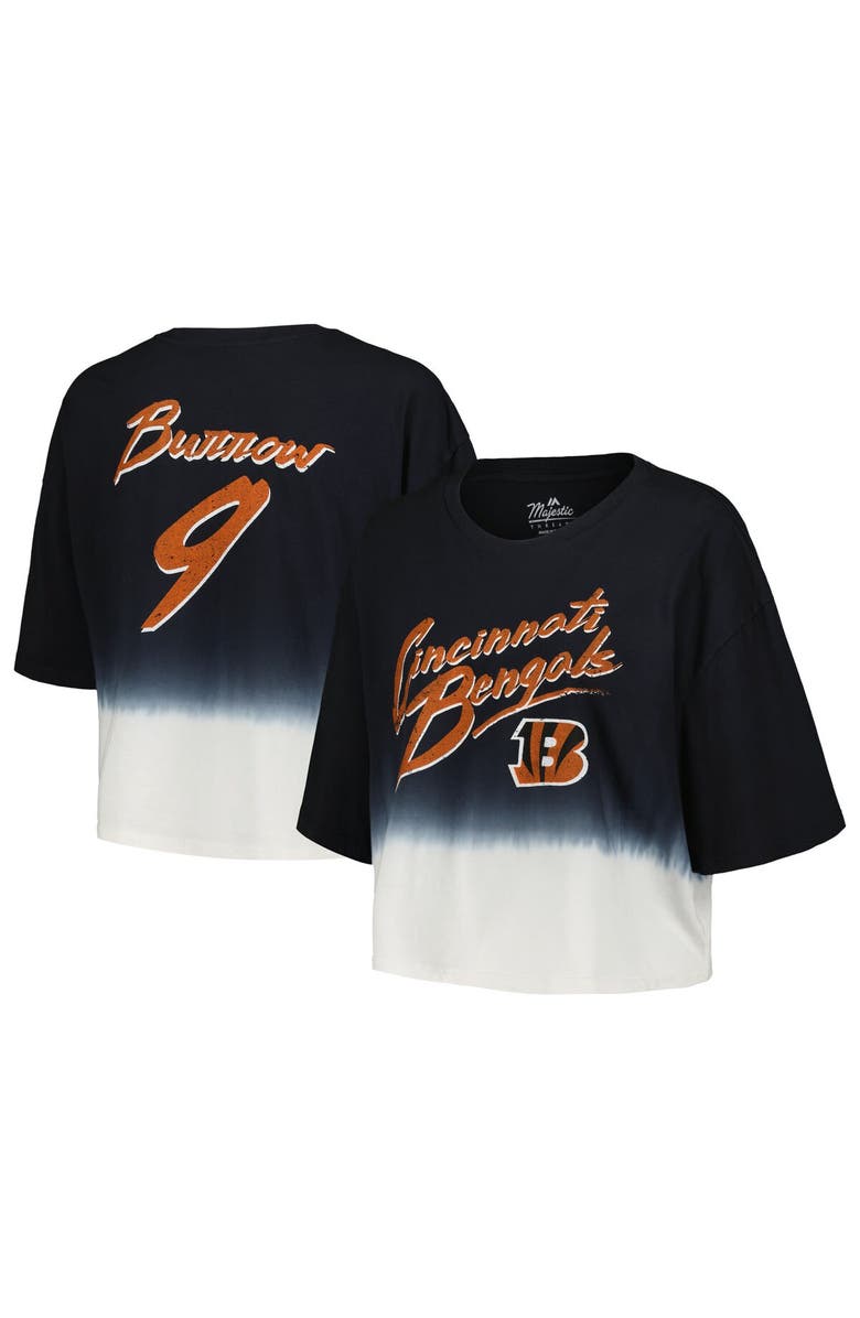 Majestic Threads Women's Majestic Threads Joe Burrow Black/White Cincinnati Bengals Dip-Dye Player Name & Number Crop Top, Main, color, Black