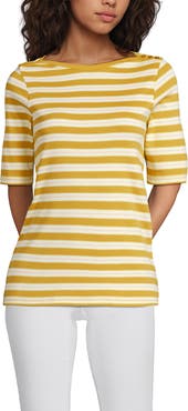 Lands' End Plus Size Supima Cotton Elbow Sleeve Boatneck Button Shoulder Tee