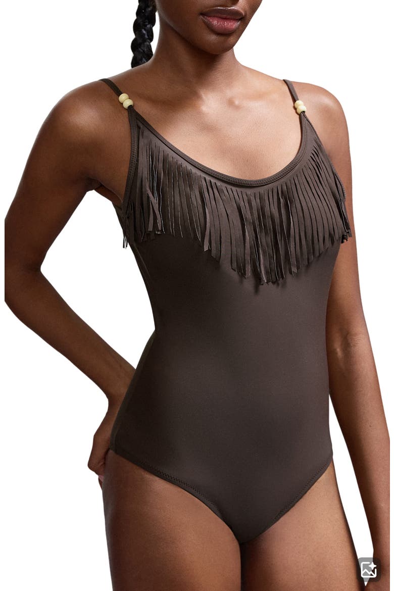 Fringe One-Piece Swimsuit, Main, color, BROWN