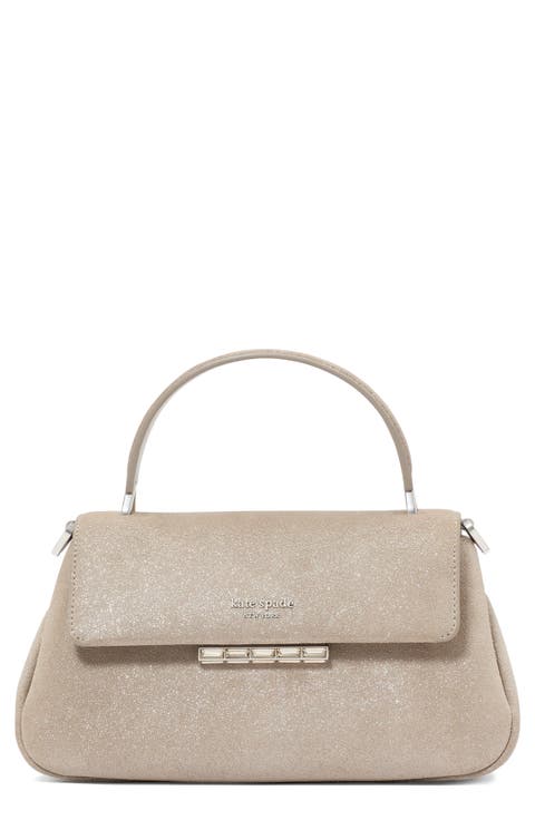 small grace glitter suede top handle bag