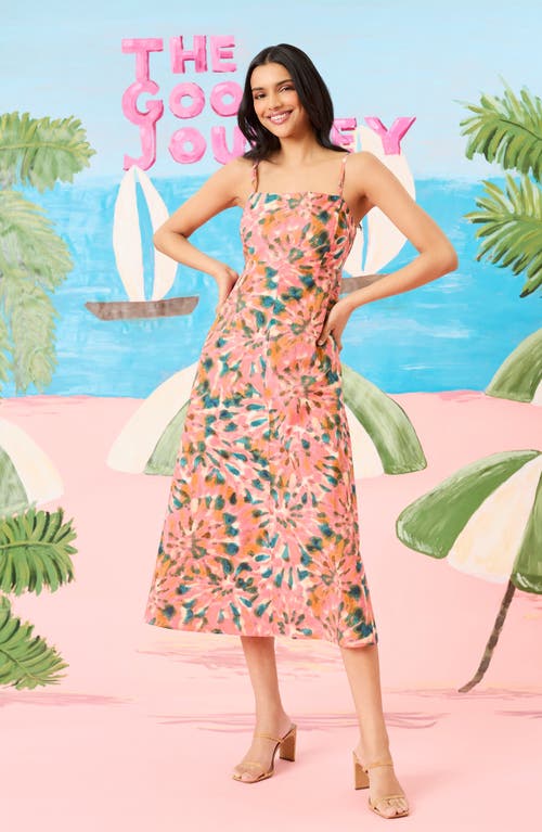 Shop The Good Journey Print Smocked Back Sleeveless Midi Dress In Pink/green