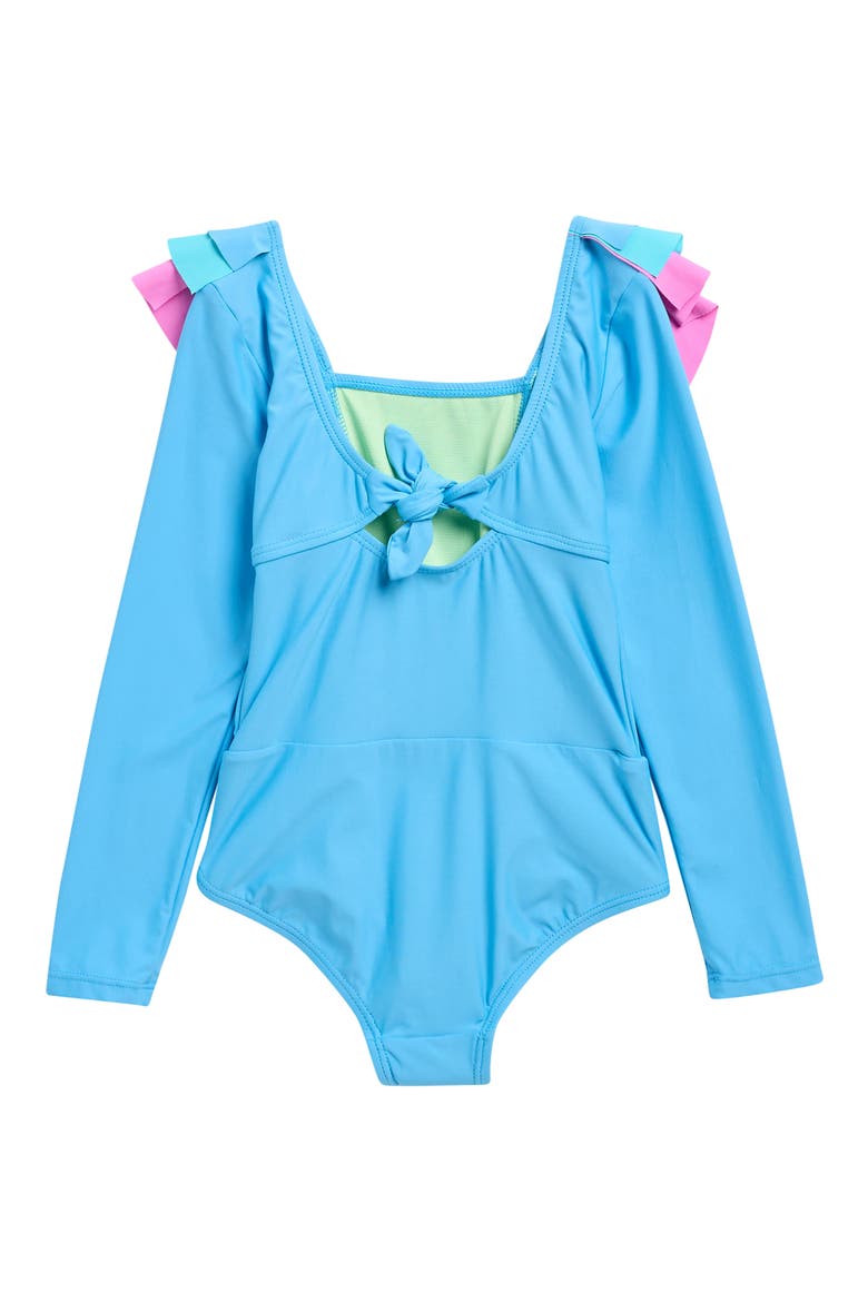 Kids' Ruffle Long Sleeve One-Piece Rashguard Swimsuit, Alternate, color, BLUE HORIZON