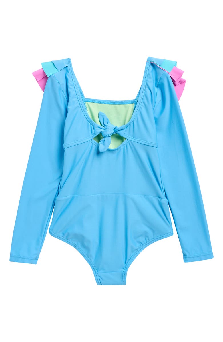 Beach Lingo Kids' Ruffle Long Sleeve One-Piece Rashguard Swimsuit, Alternate, color, Blue Horizon