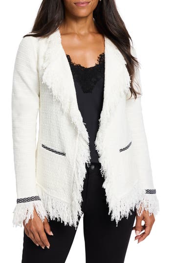 Nic + Zoe Statement Fringe Mix Knit Jacket In Classic Cream
