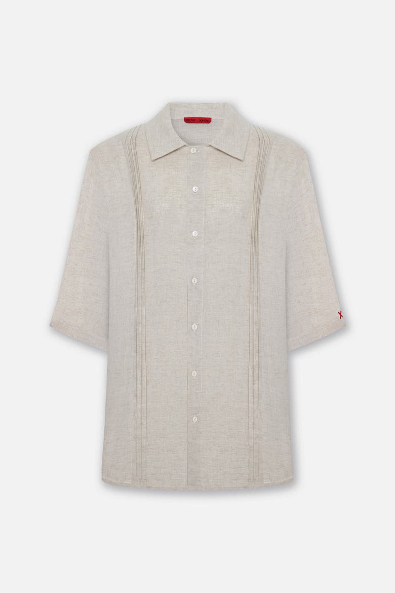 Daydreamers Short Sleeve Linen Shirt With Stitch Detail, Main, color, Beige