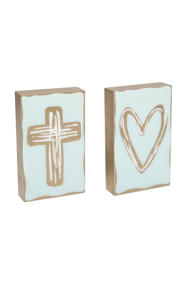 MDF and Epoxy Block Heart and Cross Set of 2 Multicolored for Spring Home Decor, Main, color, Green
