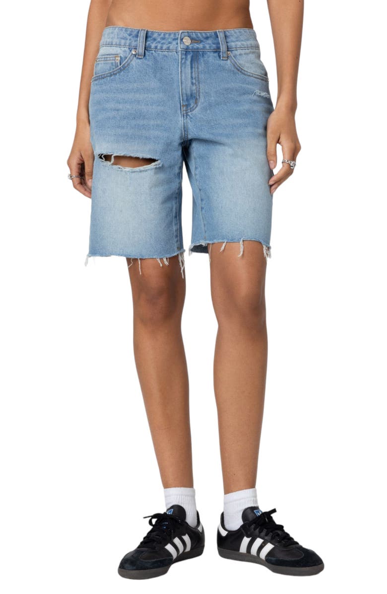 EDIKTED Riptide Ripped Denim Bermuda Shorts, Main, color, Blue-Washed