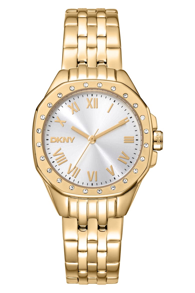 Crystal Bezel Three Hand Quartz Bracelet Watch, 30mm, Main, color, GOLD