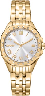 DKNY Crystal Bezel Three Hand Quartz Bracelet Watch, 30mm