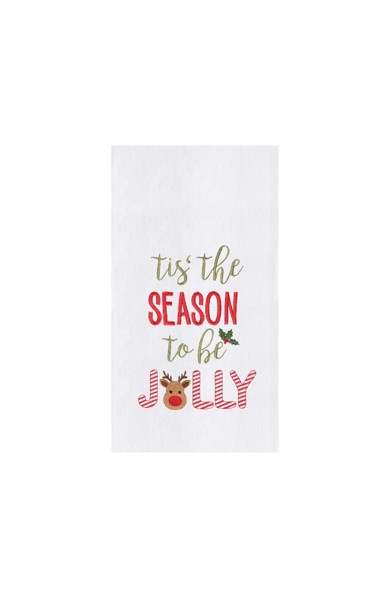 C&F Home "Tis the Season To Be Jolly" Sentiment with Red Nose Reindeer Cotton Flour Sack Kitchen Dish Towel 27L x 18W in., Main, color, White