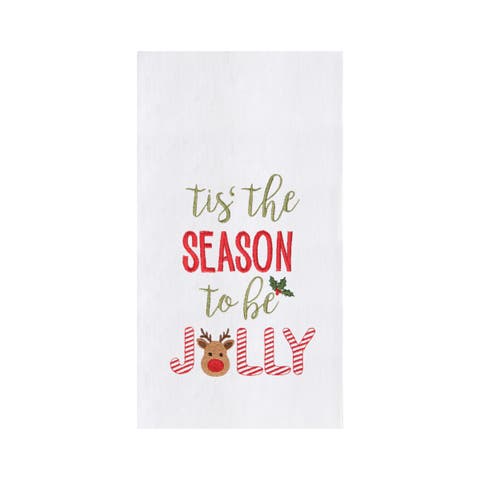 "Tis the Season To Be Jolly" Sentiment with Red Nose Reindeer  Cotton Flour Sack Kitchen Dish Towel 27L x 18W in.