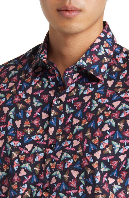 Stone Rose Moth Print Button-up Shirt In Navy