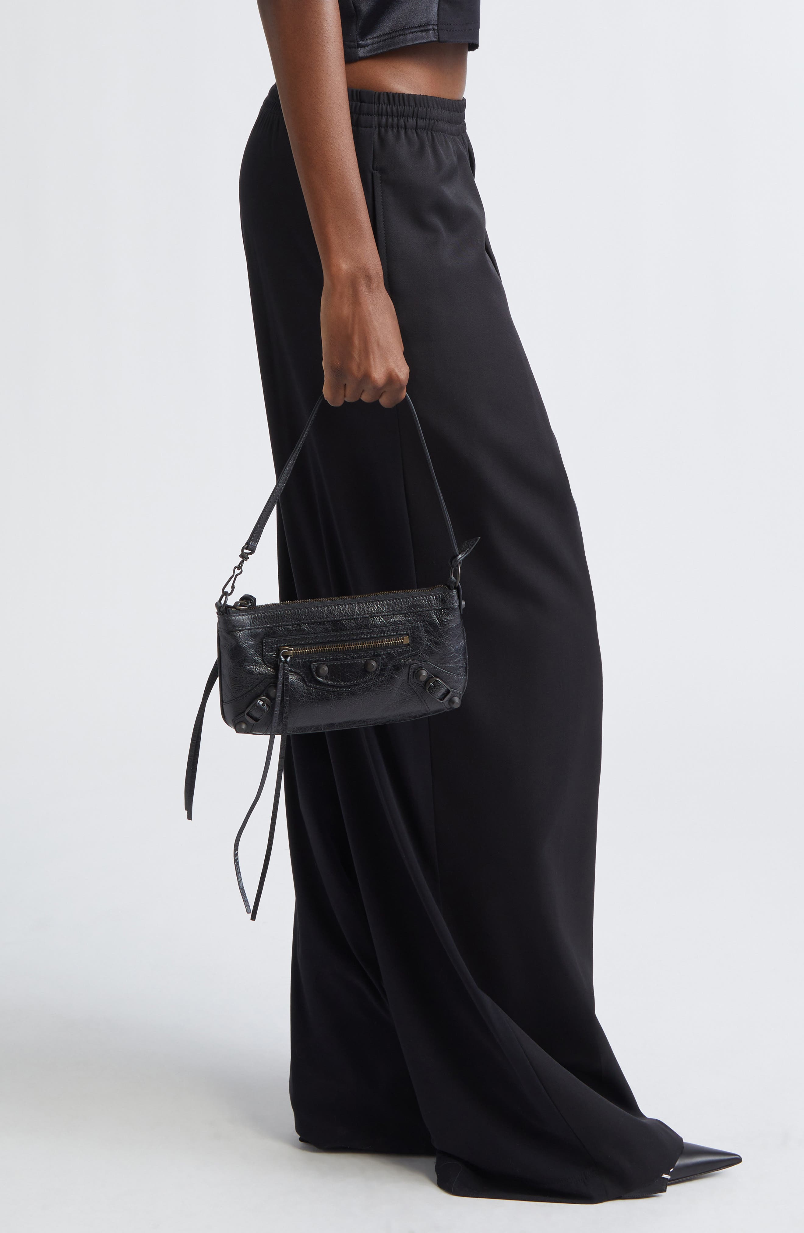 Balenciaga Le City Leather Pouch on a Strap, Alternate, color, Black