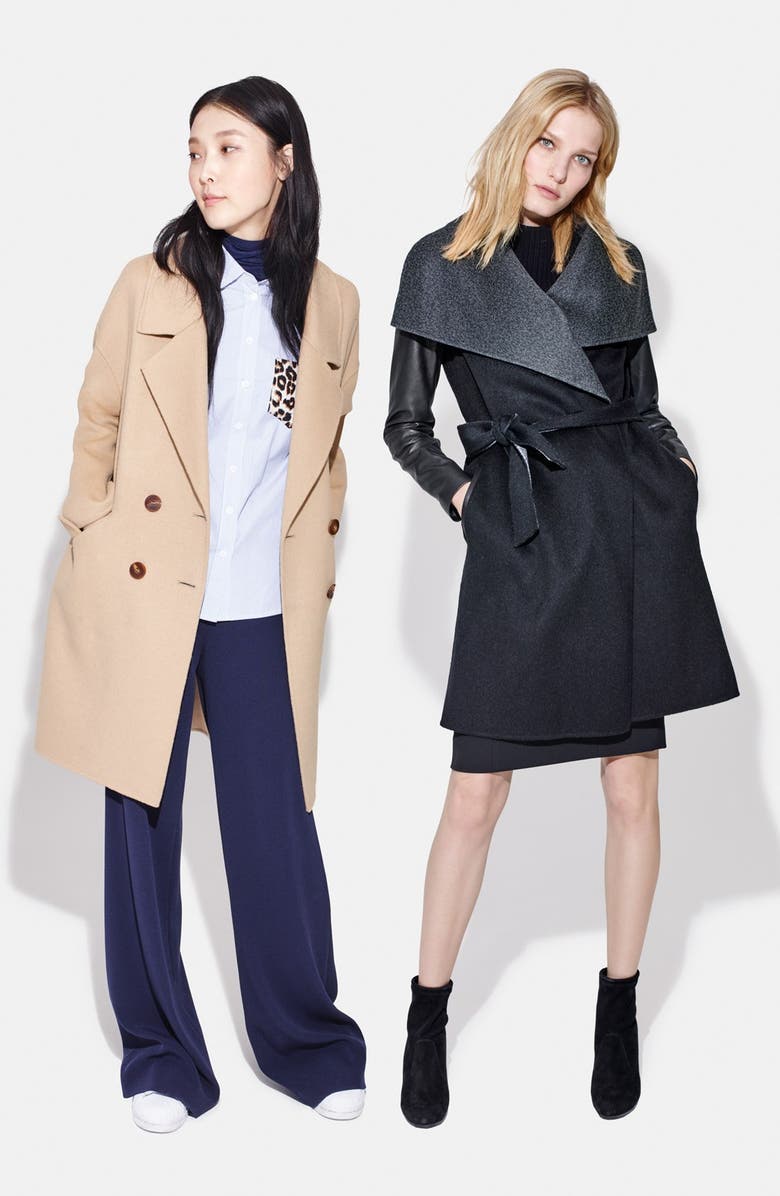 Mackage Leather Sleeve Wool Blend Wrap Coat, Alternate, color, 