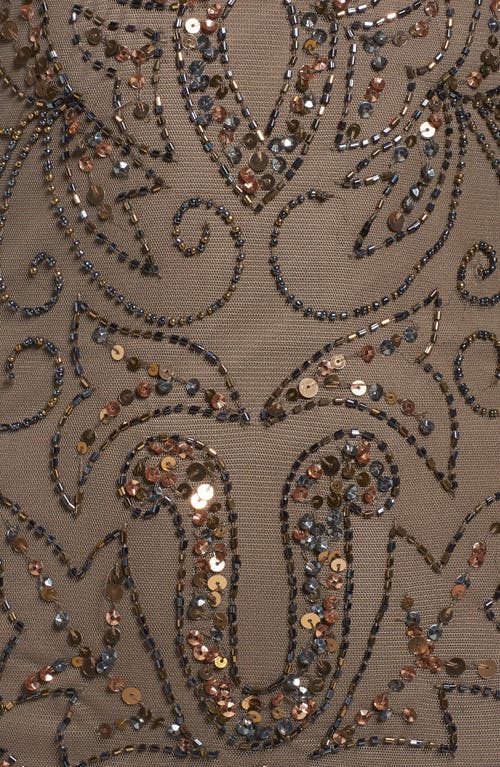 Pisarro Nights Illusion Sleeve Beaded A-line Gown In Brown