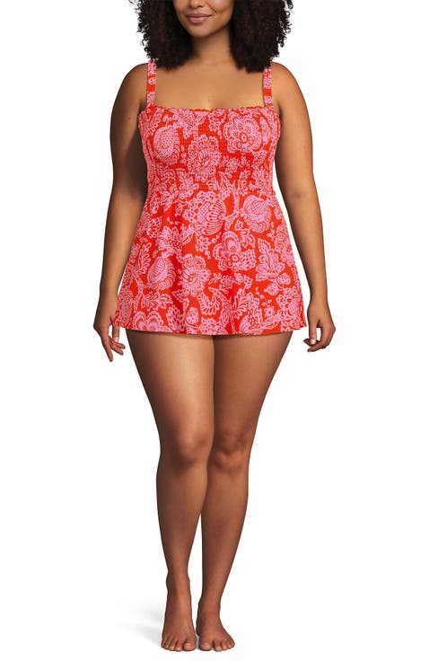 Womens Plus Size Square Neck Smocked Mini Swim Dress