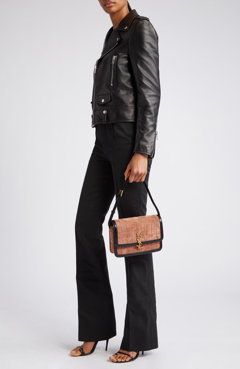 Saint Laurent Medium Solferino Suede Shoulder Bag, Alternate, color, Peach Flower/ Noir