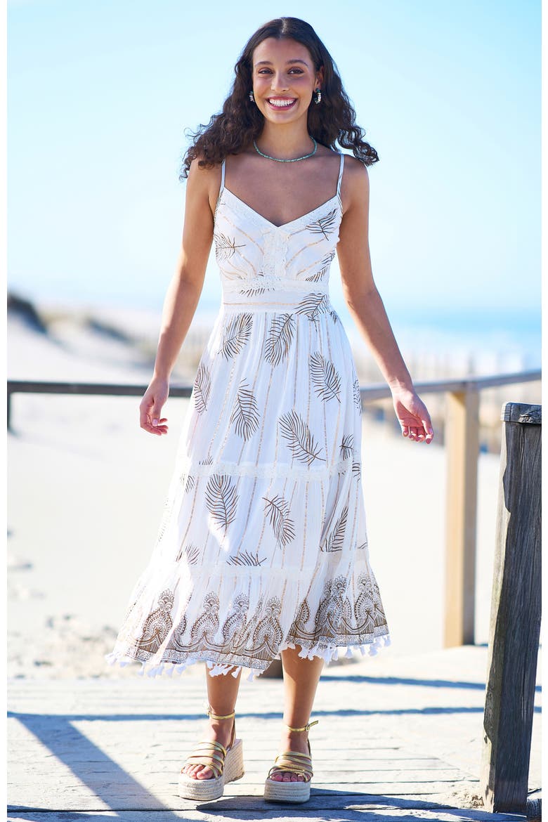 Foil Print Lace Trim Midi Sun Dress, Alternate, color, Ivory