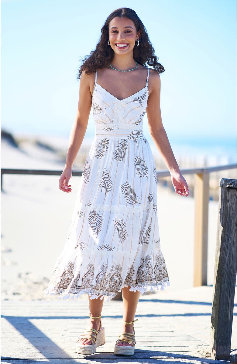 Yumi Foil Print Lace Trim Midi Sun Dress, Alternate, color, Ivory