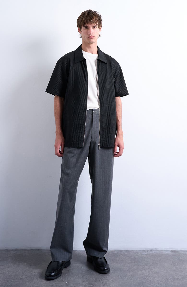 Topman Seersucker Zip-Up Shirt, Alternate, color, Black